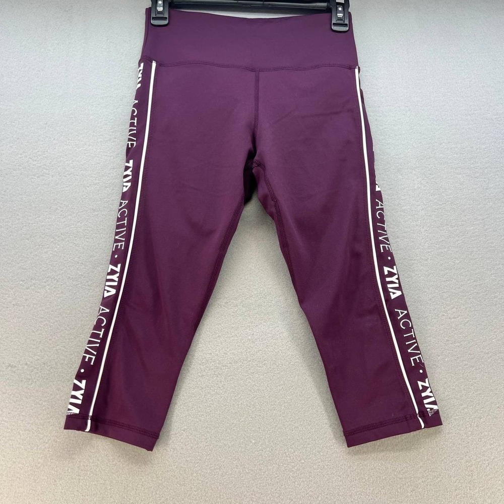 NWOT Zyia Active Women's Crop Leggings Size 4 Plum Logo Strip